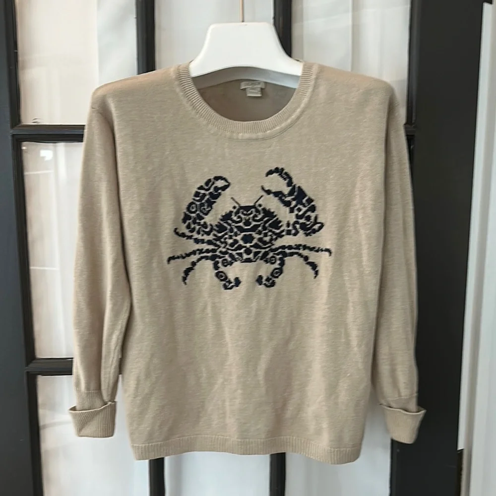 J.Crew linen blend Beige Sweater with Navy crab Design